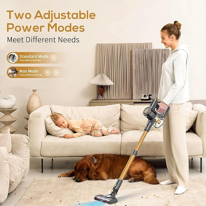 MBTTODF Cordless Vacuum Cleaner for Home & Pet Hair – Lightweight Stick Vacuum with 40-Min Runtime, Anti-Tangle Brush & LED Headlight, for Hardwood, Carpet & Tile(Yellow)