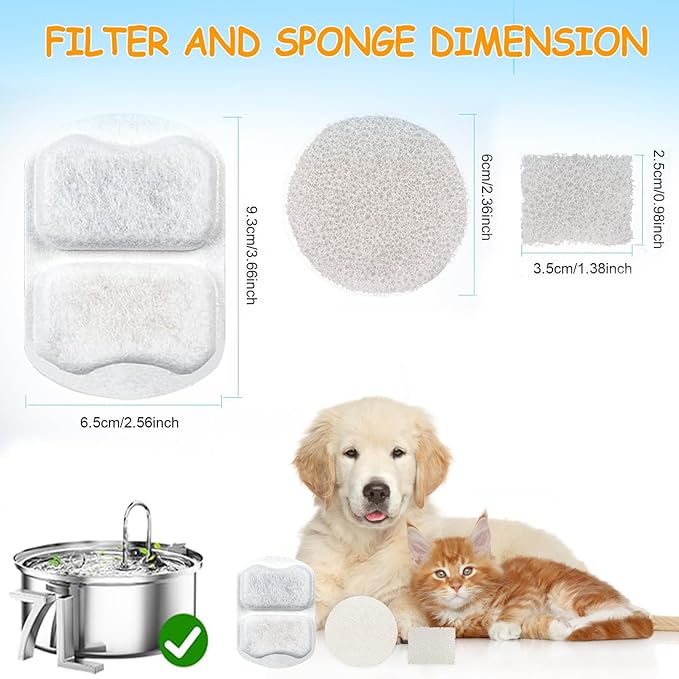 12 Sets Pet Water Fountain Filter Replacement Compatible with Oneisall PWF-002 7L/230oz Dog Water Fountain, Dog Water Bowl Filters with Pre-Filters and Pump Sponges