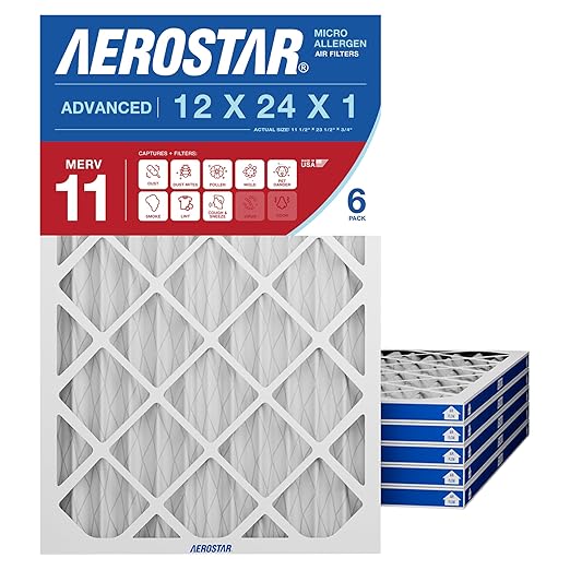 Aerostar 12x24x1 MERV 11 Air Filter, 6 Count, ACTUAL SIZE (11.75 x 23.75 x 0.75 ), HVAC, Air Conditioning & Furnace Filter for Dust, Pet Dander, Smoke & Allergies (MPR 1200 / FPR 7), Made in USA