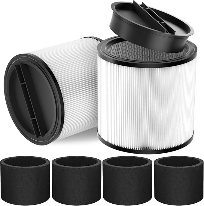 Replacement Filter Compatible with Shop-Vac 90350 90304 90333 Replacement fits most Wet/Dry Vacuum 5 Gallon and above, 2 pcs 90304 filters with caps and 4pcs 90585 foam filters