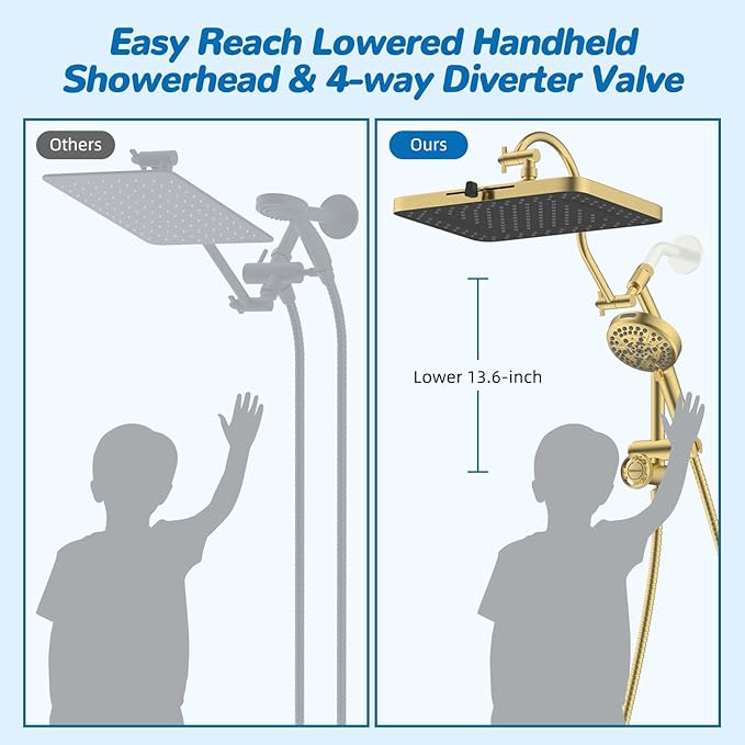 Hibbent cUPC Certified 13'' Shower Head Combo, High Pressure 5 Spray Rainfall Showerhead, 10 Spray Handheld, All Metal Easy Reach 4-way Diverter Arm with Pause Mode, 71'' Hose and Holder, Brushed Gold