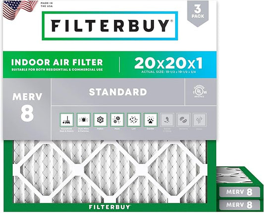 Filterbuy 20x20x1 Air Filter MERV 8 Essential Dust & Allergy Defense (3-Pack), Electrostatic Pleated HVAC AC Furnace Filters Replacement, Made in USA (Actual Size: 19.50 x 19.50 x 0.75)