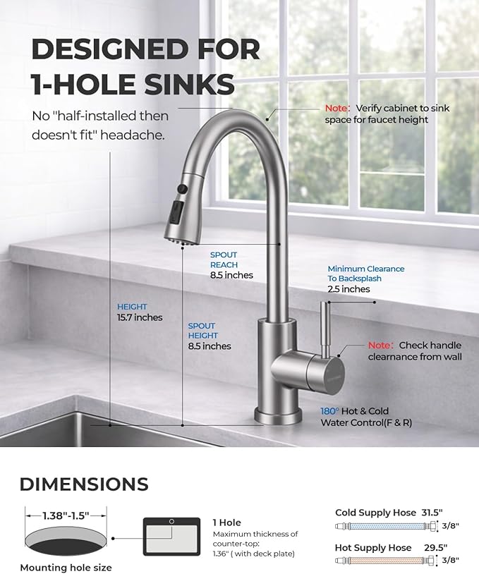 WEWE Kitchen Faucets with Pull Down Sprayer, Leak-Proof Stainless Steel Lead-Free Single Handle 1 Hole for Family Kitchen Commercial Camper Laundry Rv Bar, Brushed Nickel Bar Sink Faucet