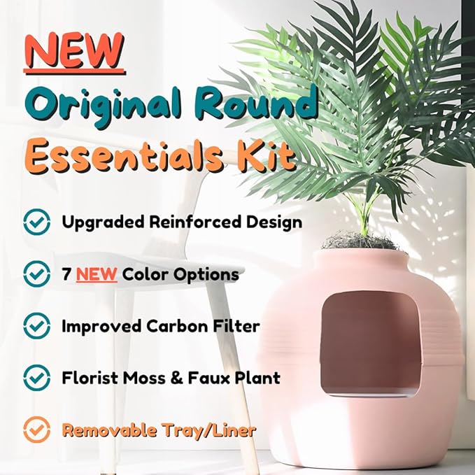 Good Pet Stuff Hidden Litter Box Planter, Decorative Cat Litter Enclosure with Carbon Filter & Faux Plant, Made in USA, Removable Liner, Odor Control, NEW Round Style, Essentials Kit, Blush Pink