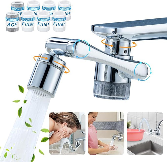 1080°Swivel Filter Faucet Extender Aerator - 8 Pcs Replacement Water Filter, 1080°+360°Rotating Robotic Arm 2 Mode Splash Filter, Solid Brass Faucet Sprayer Universal For Bathroom Kitchen Laundry Sink
