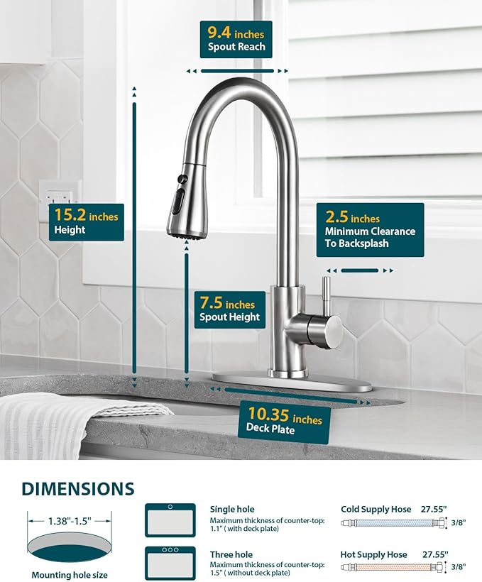 Hiqufet Kitchen Sink Faucet with Pull Down Sprayer with Deck Plate, Brushed Nickel High ArcFaucet, Stainless Steel Modern RV Bar Sink Faucets for Pot Filler, Farmhouse Camper Bar Laundry Room