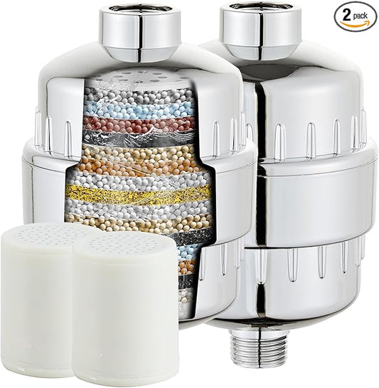 2 Pack Shower Filter for Hard Water, High Output Filtration Removes Chlorine, Fluoride, Heavy Metals & Odor, Universal Shower Head Filter System for Skin & Hair Care, Chrome Finish