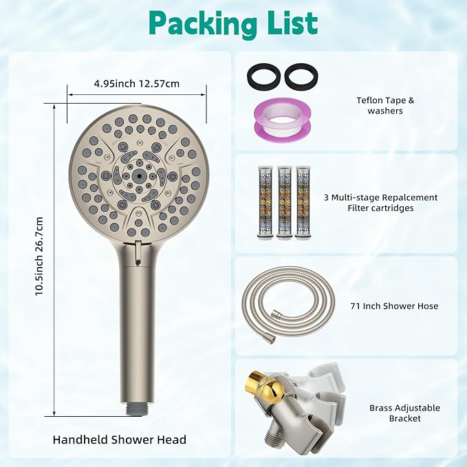 Hibbent Filtered Shower Head with Handheld, High Pressure 10 Spray Showerhead with 3 Filters, Water Softener for Hard Water-Remove Chlorine, Reduces Dry Itchy Skin, Improve Skin& Hair, Brushed Nickel