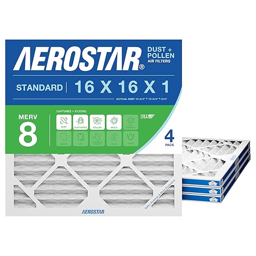 Aerostar 16x16x1 MERV 8 - 4 Count - Pleated HVAC, Furnace & Air Conditioner Filters - Removes Dust, Lint, Mold & Allergy-Causing Pollen