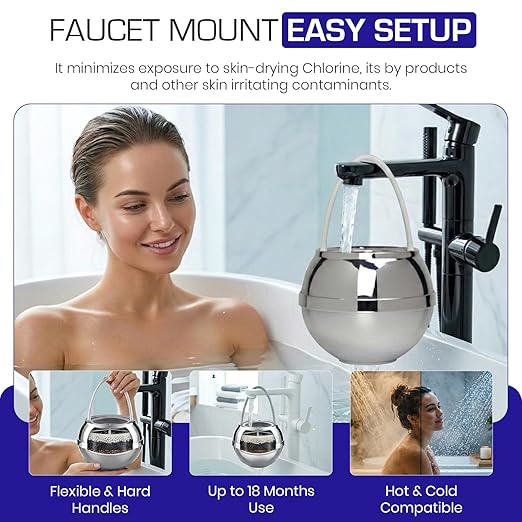 Crystal Quest Bath Ball Filter for Tub Faucet, Bathtub Water Filter, BPA-Free Bathtub Filter, Removes Chlorine, Lead & Impurities, Improves Skin, Hair & Nails, Long Lasting, Fits Most Tubs - Chrome