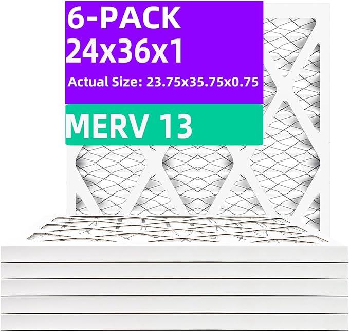 24x36x1 MERV 13 (6-Pack) Pleated Air Filter (Actual Size: 23.75" x 35.75" x 0.75") MPR 1500-1900 & FPR 10, Furnace Air Filters, 24x36x1 air filter