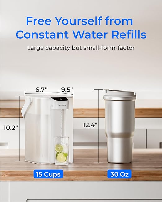 Waterdrop ED01W Electric Water Filter Pitcher with 2 Filters, Reduce 99.6% of Lead and 45+ Impurities, 15-Cup 200-Gallon Capacity, Rechargeable Instant Dispenser, NSF/ANSI 42&53&401&372, White