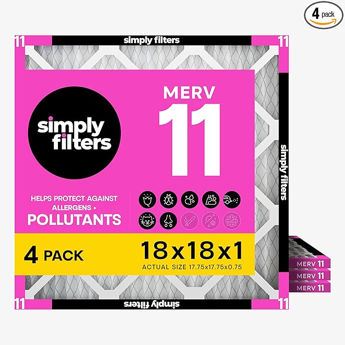 Simply 18x18x1 Air Filter, MERV 11, 4 Pack, For Home AC Furnace & HVAC (Actual Size: 17.75"x17.75"x0.75") DUST, Pet, & Allergy Control