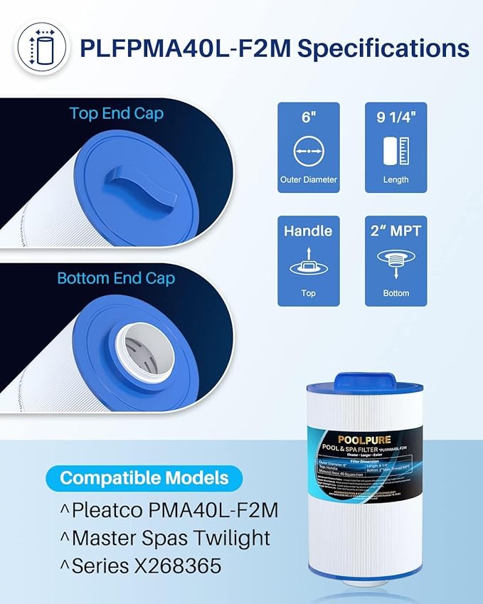 POOLPURE Replacement Spa Filter for PMA40L-F2M, Master Spas Twilight X268365, X268543, Unicel 6CH-402, 2" Male Thread/MPT, Length: 9 1/4" Hot Tub Filter