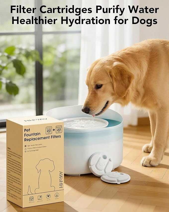 22+22 Pack Dog Water Fountain Replacement Filters Compatible with Petlibro Capsule Dog Fountain PLWF008, 12 Months Supply of Dog Water Dispenser Filter Accessories with 1 Cleaning Brush