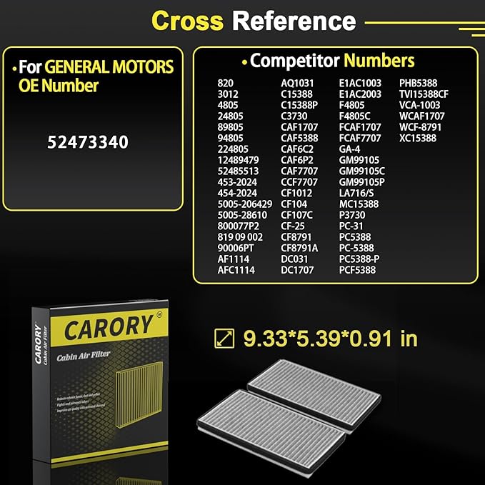 CARORY Cabin Air Filter w/Activated Carbon for Chevy, GMC, Cadillac Select Models - Silverado 1500/2500, Suburban, Avalanche 1500, Tahoe, Sierra 1500, Yukon, Escalade, and More
