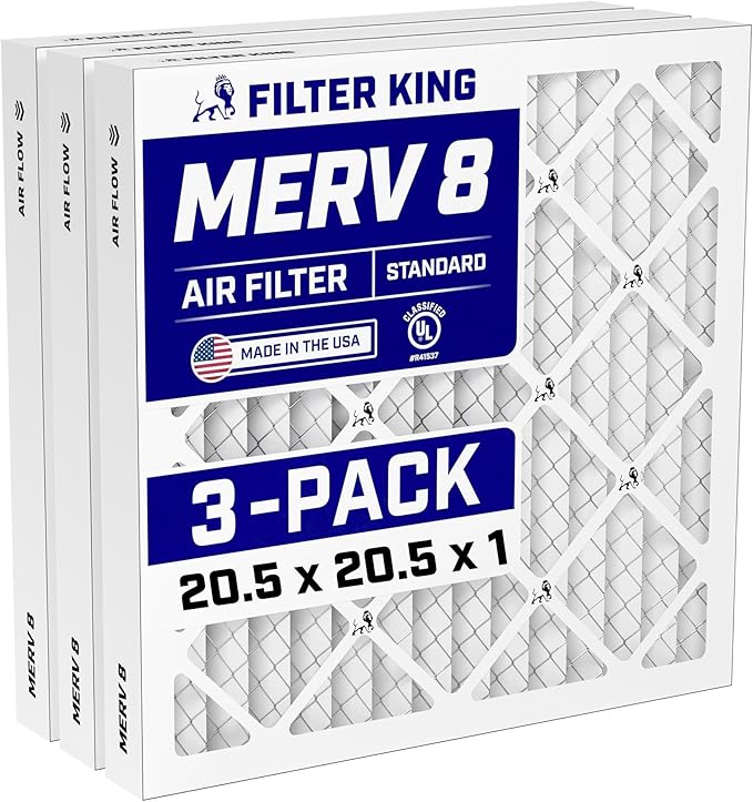 Filter King 20.5x20.5x1 Air Filter (MERV 8) (3-Pack) Dust & Allergy Control AC Furnace Filters, MADE IN USA, HVAC, Pleated, Electrostatic (Actual Size: 20.5 x 20.5 x .75)