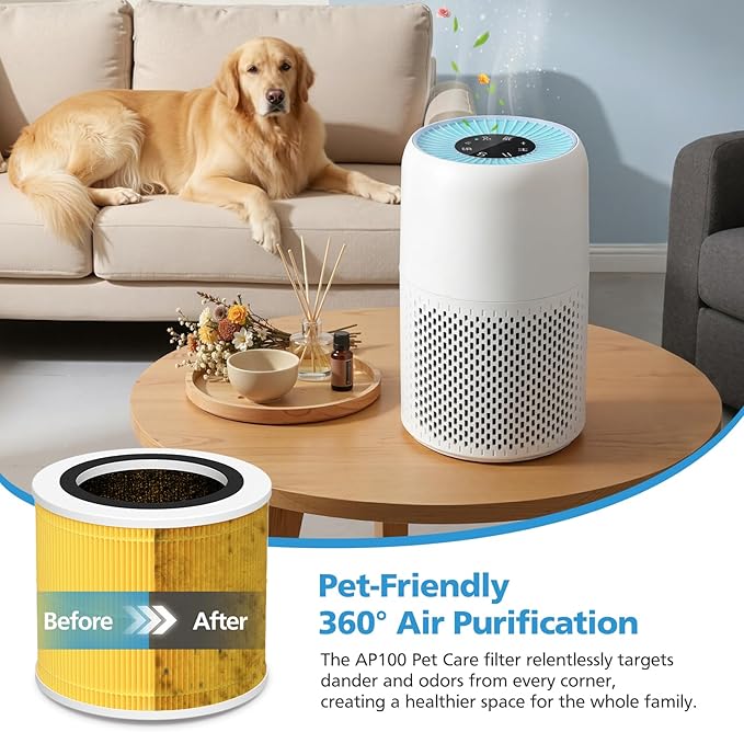 AP100 AP102 Pet Care Filter Compatible with AromaRoom AP100/AP102, Core Mini Air Purifiers, 3-IN-1 HEPA Filter and Activated Carbon Filter, 2 Pack (Yellow)