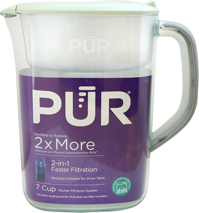 PUR 7-Cup Water Pitcher, 1 Genuine Filter, Cleaner, Great-tasting Water, Dishwasher Safe, Powerful, Faster Filtration, LockFit Cap Design - Lime