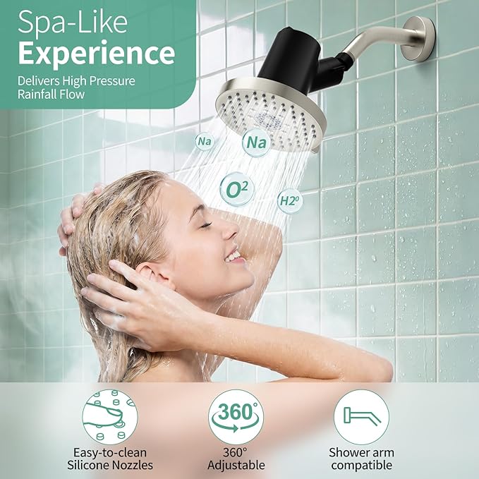 SR SUN RISE Filtered Shower Head - High Pressure Rain Shower Head with 20-Stage Filter,6 Spray Modes for Hard Water Softener, Remove Chlorine & Heavy Metals (Brushed Nickel, 5.6 Inch Round)