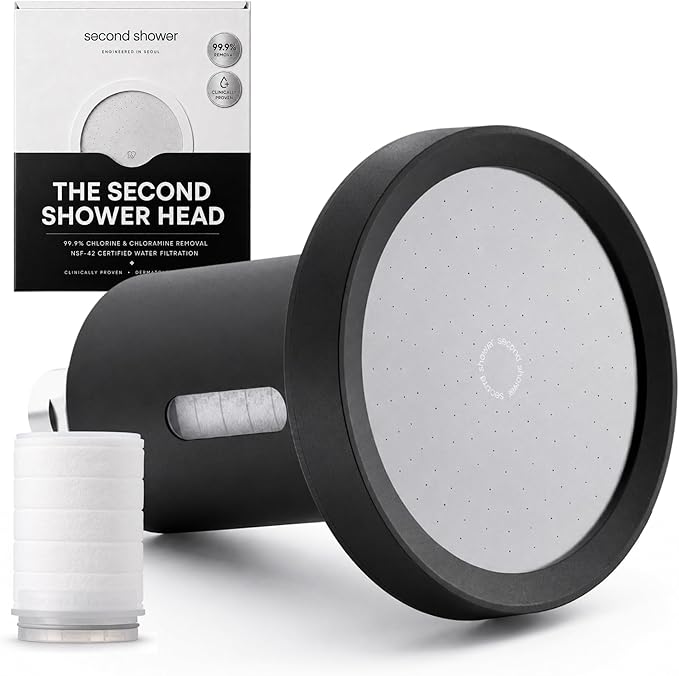 SecondShower Filtered Shower Head for Hard Water, Clinically Proven for Skin Health, NSF Certified 99.9% Chlorine Removal, High Pressure, Korean Beauty Secret Natural Filter Matte Black - Pure Silver