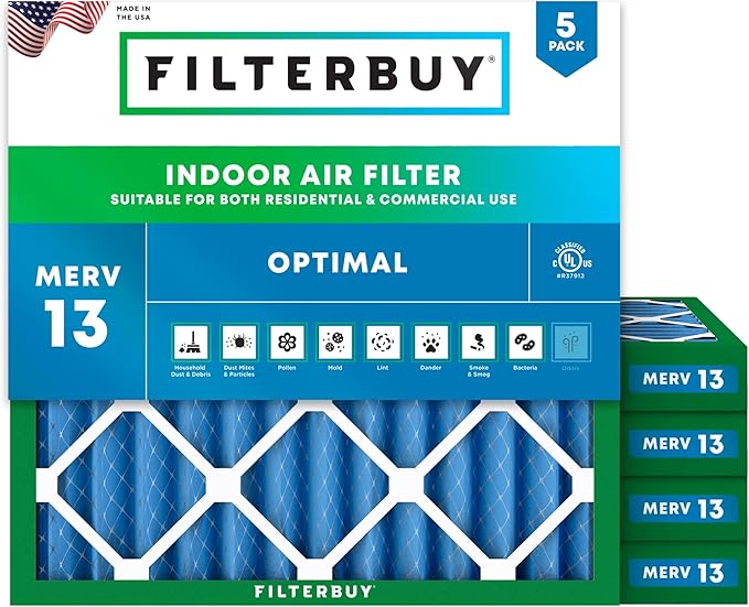 Filterbuy 12x12x2 Air Filter MERV 13 Optimal Smoke & Allergy Defense (5-Pack), Electrostatic Pleated HVAC AC Furnace Filters Replacement, Made in USA (Actual Size: 11.50 x 11.50 x 1.75)