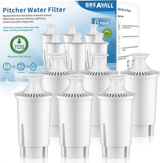 BREAUILL Water Filter Replacement Compatible with Brita Water Filter, Pitchers, Classic, OB03, Mavea,10700, 35557, Pitcher Water Filter by BREAUILL, New Upgraded Reduce TDS, Chlorine (6PCS)