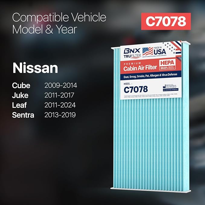 BNX TruFilter C7078 Cabin Air Filter, HEPA 99.97%, MADE IN USA, Compatible With Nissan: Sentra 2013-2019, Cube 2011-2017, Juke 2011-2017, Left 2011-2018