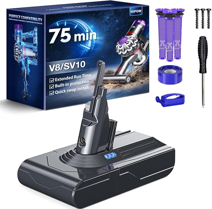 HIPOW 75 Minutes V8 Battery Replacement Compatible with Dyson V8 Animal/Absolute/Motorhead/Fluffy/SV10 Series Cordless Vacuum Cleaner with 4 Filters (3 Pre + 1 Post)