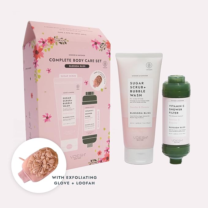 VOESH Shower & Empower Complete Body Care Set, Vitamin C Shower Filter, Exfoliating Loofah, Body Wash, Shower Care Set, Self-Care Kit, Vegan Skincare