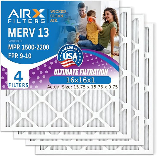 AIRX FILTERS WICKED CLEAN AIR. 16x16x1 Air Filter MERV 13 Electrostatic Pleated Air Conditioner Filter 4 Pack HVAC AC Furnace Filters