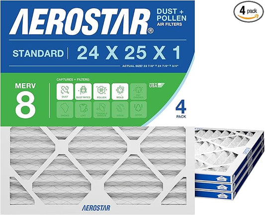 Aerostar 24x25x1 MERV 8 Pleated Air Filter, 4 Pack, AC Furnace Filters, HVAC Filter, Air Conditioner Filters, Heater Filters Replacement for Home (Actual Size: 23.875x24.875x0.75)
