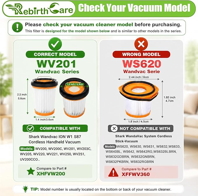 6 Pack WV201 Filter Replacement for Shark Wandvac ION W1 S87 Cordless Handheld Vacuum, Compatible with WV200, WV201, WV205, WV220, WV201BK, Compare to Part # XHFWV200