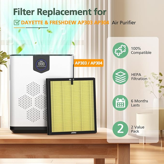 AP303 AP304 Replacement Filters, Compatible with DAYETTE AP303/ AP304/ AP305/ AP308/ AP405 Air Purifier, and for FRESHDEW AP303/ 304 Purifier, HEPA Filter with 3 Stage Filtration, 2 Pack (Pet Filter)