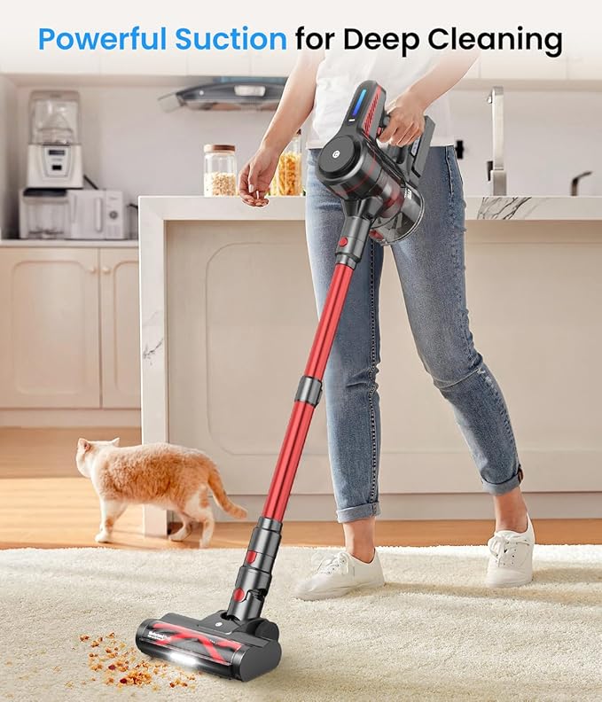CHEBIO Lightweight Cordless Vacuum Cleaners for Home, Stick Vacuum Cordless Rechargeable with 45kPa Suction,45-Min Run,Anti-Tangle and Self-Stand, 6 in 1 Hardwood Vacuum Cleaner Carpet Pet Hair Floor