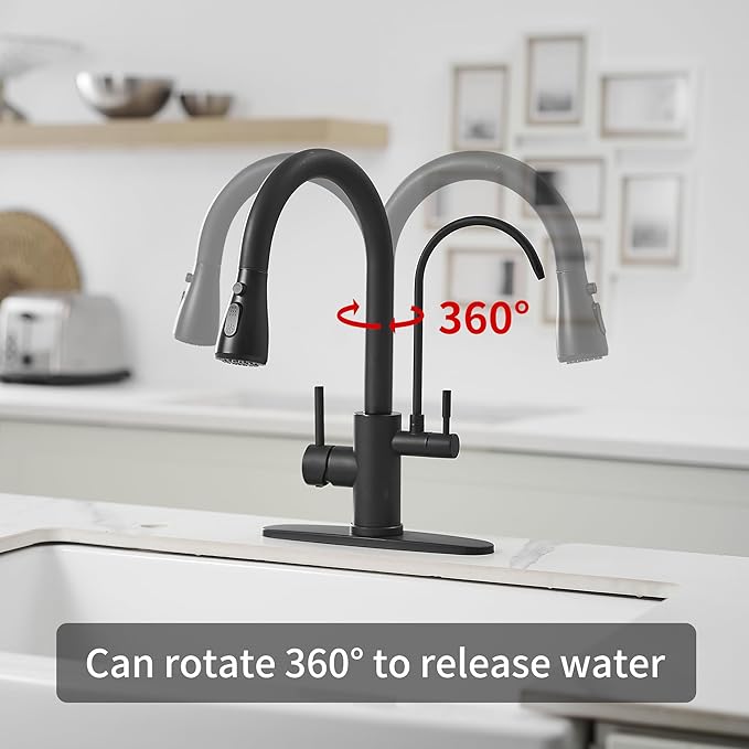 Black Kitchen Faucets with Water Filter and Pull Down Sprayer,Kitchen Sink Faucet,Two Handle Kitchen Sink Faucet with Pull Down Sprayer for 3 Function,Kitchen Faucets Without Water Filtration Device