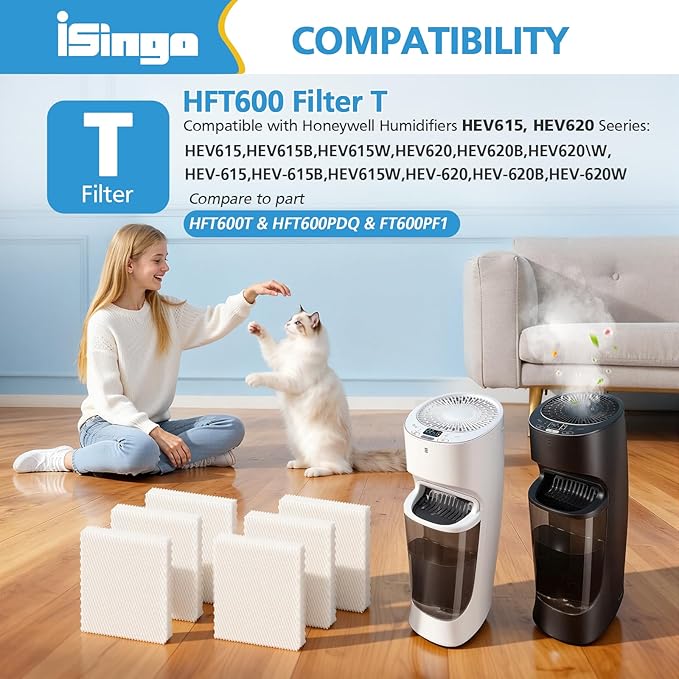iSingo 6 Pack HFT600 Filter T Replacement, Compatible with Honeywell Tower Humidifier HEV615 & HEV620 Series, Replace Part # HFT600T & HFT600PDQ