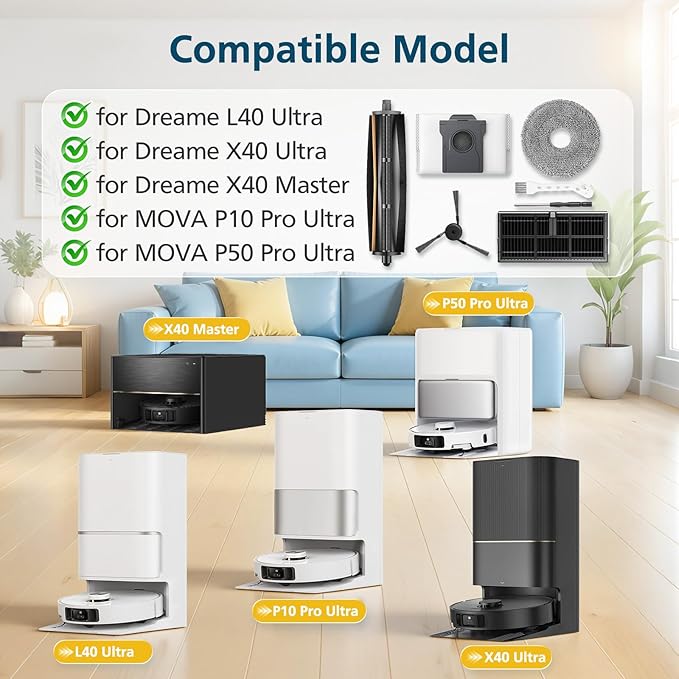 TriCut Brush Accessories for Dreame L40 Ultra (Gen 2)/ X40 Ultra/ D30 Ultra, for MOVA P10 (Gen 2)/ P50 Pro Ultra Robot Vacuum, with 1* TriCut Brush, 8* Mop Pad, 8* Dust Bag, 6* Filter, 6* Side Brush