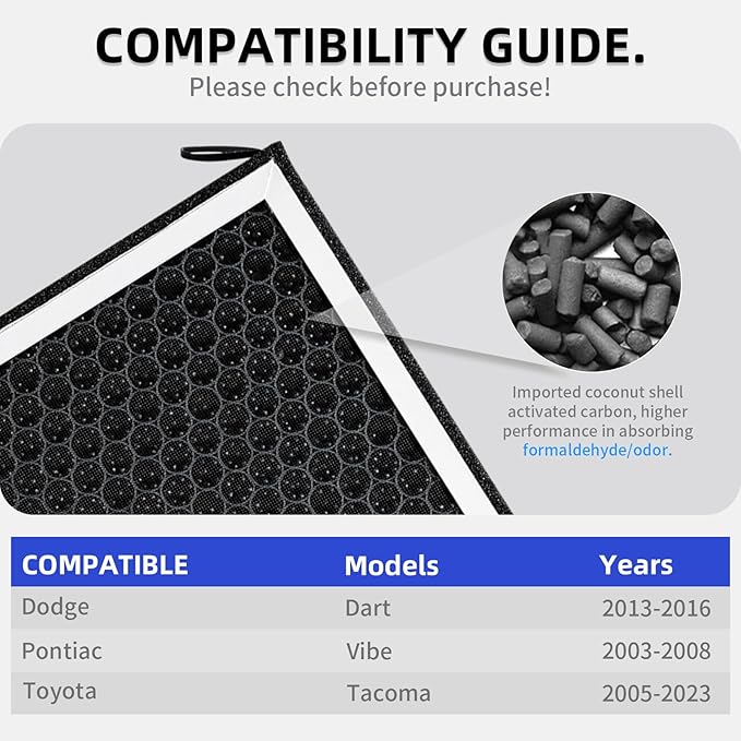 CF10374 CP374 Cabin Air Filter Replacement Compatible with Toyota Tacoma 2005-2023, Dodge Dart 2013-2016, Pontiac Vibe - Activated Carbon HEPA Filter Replaces 87139-YZZ09