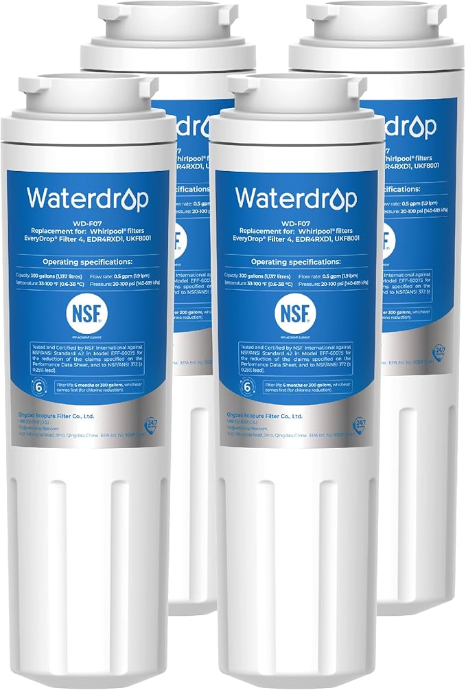 Waterdrop EDR4RXD1 Replacement for EveryDrop® Filter 4, Whirlpool® UKF8001, 4396395, Maytag® UKF8001AXX-200, UKF8001AXX-750, WD-F07, Refrigerator Water Filter, 4 Filters