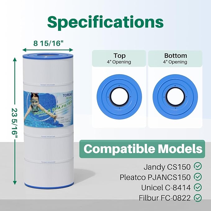TOREAD CS150 Pool Filter Compatible with Jandy CS150, X-Stream CC1500, CCX1500RE, X-Stream 150, PJANCS150, R0462300, C-8414, FC-1287, Star-Clear Plus C1502,150 Sq. Ft L x OD: 23-5/16" x 8-15/16"1 Pack