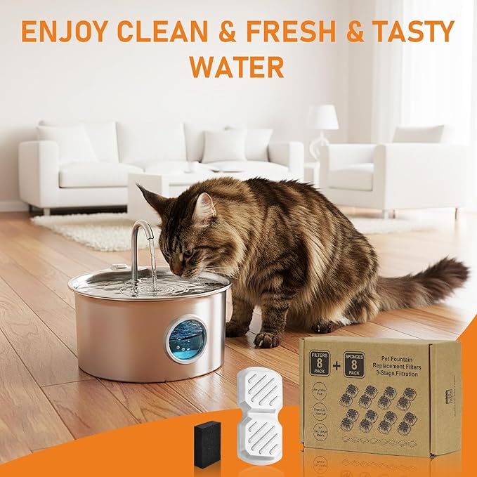 16 Pcs Replacement Filters for Cat Water Fountain Stainless Steel with Water Level Window, 8 Packs Pet Fountain Filters & Sponges, 4 Months Set Easy-Swap