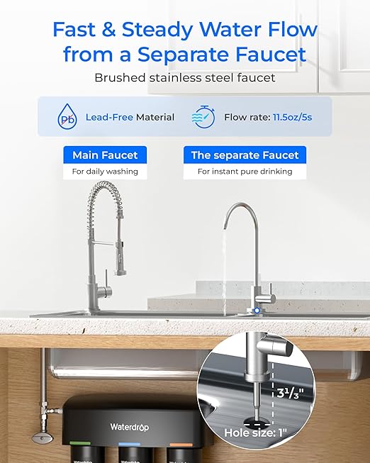 Waterdrop TSB-UF 0.01 μm Ultra Filtration Under Sink Water Filter System, 9 Layer Under Sink Water Filtration System, Reduces Chlorine, Fluoride, Taste&Odor, with Dedicated Faucet, Easy Installation