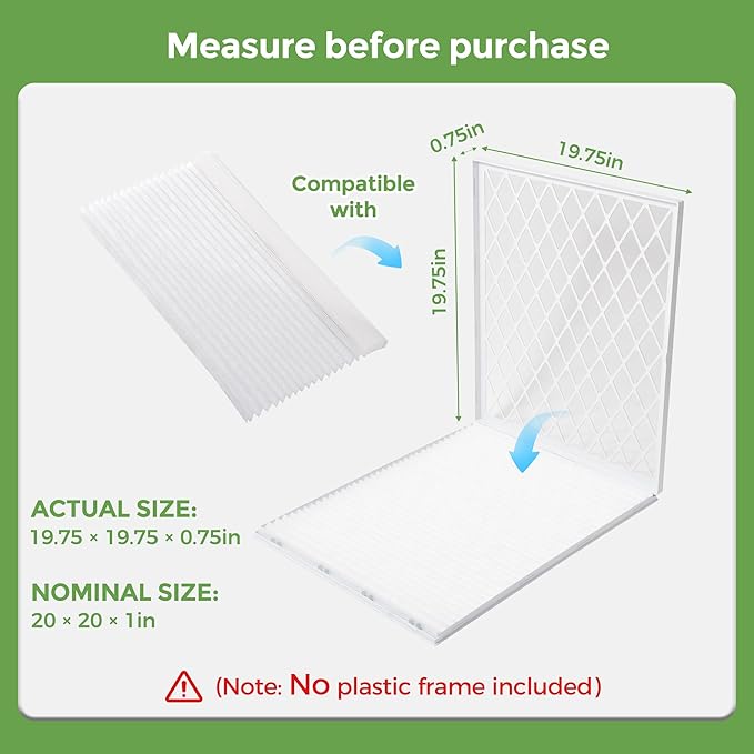 Pack of 6 Refills Filter Media, Compatible with Reusable ABS Plastic Frame HVAC, Furnace & AC System – MERV 8 Efficiency, Easy to Replace (ABS Frame Not Included) (20x20x1in)
