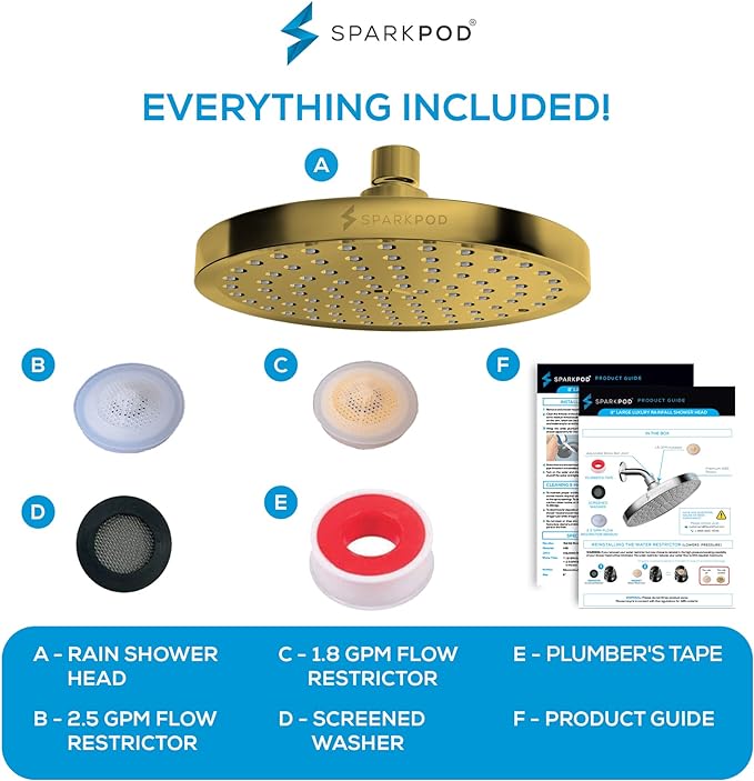 SparkPod Shower Head - High Pressure Rain - Premium Quality Luxury Design - Easy Clean Adjustable Replacement for Your Bathroom Shower Heads (Egyptian Gold, 8 Inch Round)