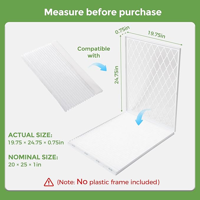 Pack of 6 Refills Filter Media, Compatible with Reusable ABS Plastic Frame HVAC, Furnace & AC System – MERV 8 Efficiency, Easy to Replace (ABS Frame Not Included) (20x25x1in)