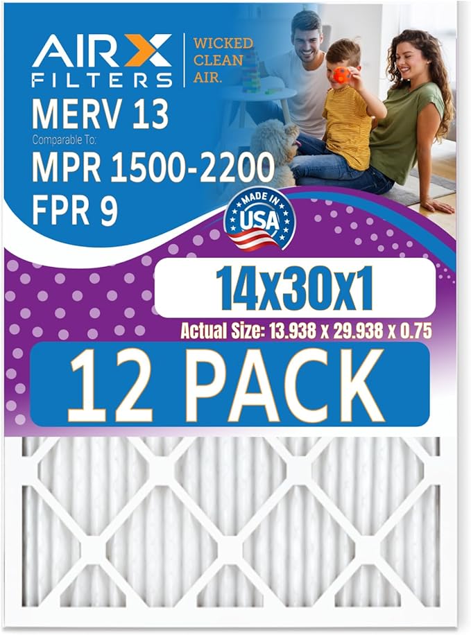 14x30x1 Air Filter MERV 13 Rating, 12 Pack of Furnace Filters Comparable to MPR 1500-2200 & FPR 9 - Made in USA by AIRX FILTERS WICKED CLEAN AIR.