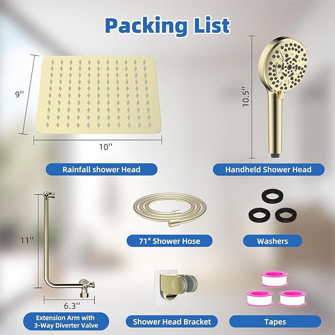 All Metal Shower Head, 10" High Pressure Rainfall/Handheld Shower Combo with 11" Extension Arm, 10-Spray Handheld Showerhead, 71" Long Hose, 3-Way Diverter Valve, Shiny Gold
