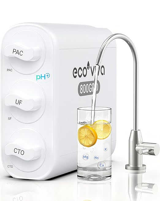 Ecoviva UF800G 0.01μm Ultra-Filtration Under Sink Water Filter Meet NSF 42 / 372 Standards Tankless Ultra Compact Design, No Electricity & Wastewater, Preserve Beneficial Minerals No TDS Reduction