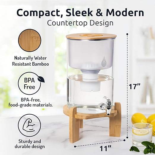 Invigorated Water pH Recharge Glass Alkaline Water Dispenser Filter System - Countertop Purifier Pitcher for Home and Office - High pH Pure Drinking Water Filtration - 36 Cups (Bamboo Classic Set)